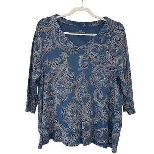 J. Jill Womens Blue Paisley 100% Pima Cotton 3/4 Sleeve V-Neck‎ T-Shirt Top XL